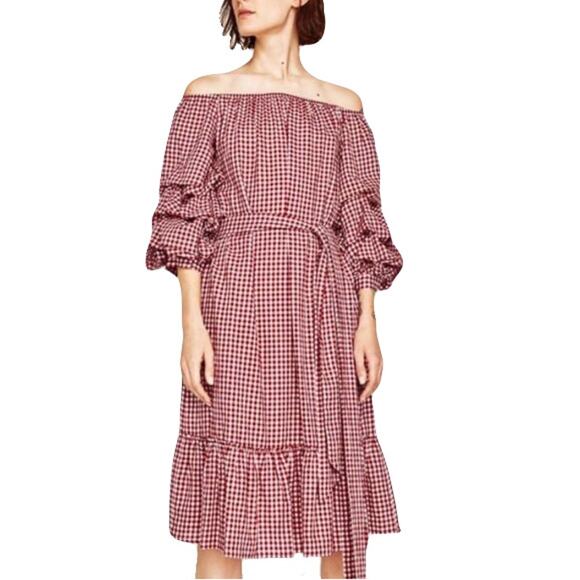 NWOT ZARA Dress M Gingham A-Line Off/On-Shoulder Ruffle Ruch Tiered Tie 3/4-Slev